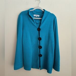 Misook Exclusively Women's Blue Button Ribbed Long Sleeve Cardigan Top Large